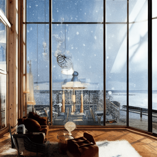 AI generated: Hyper realistic eye level exterior photo of a steampunk winter wonderland overlooking the ocean, day...