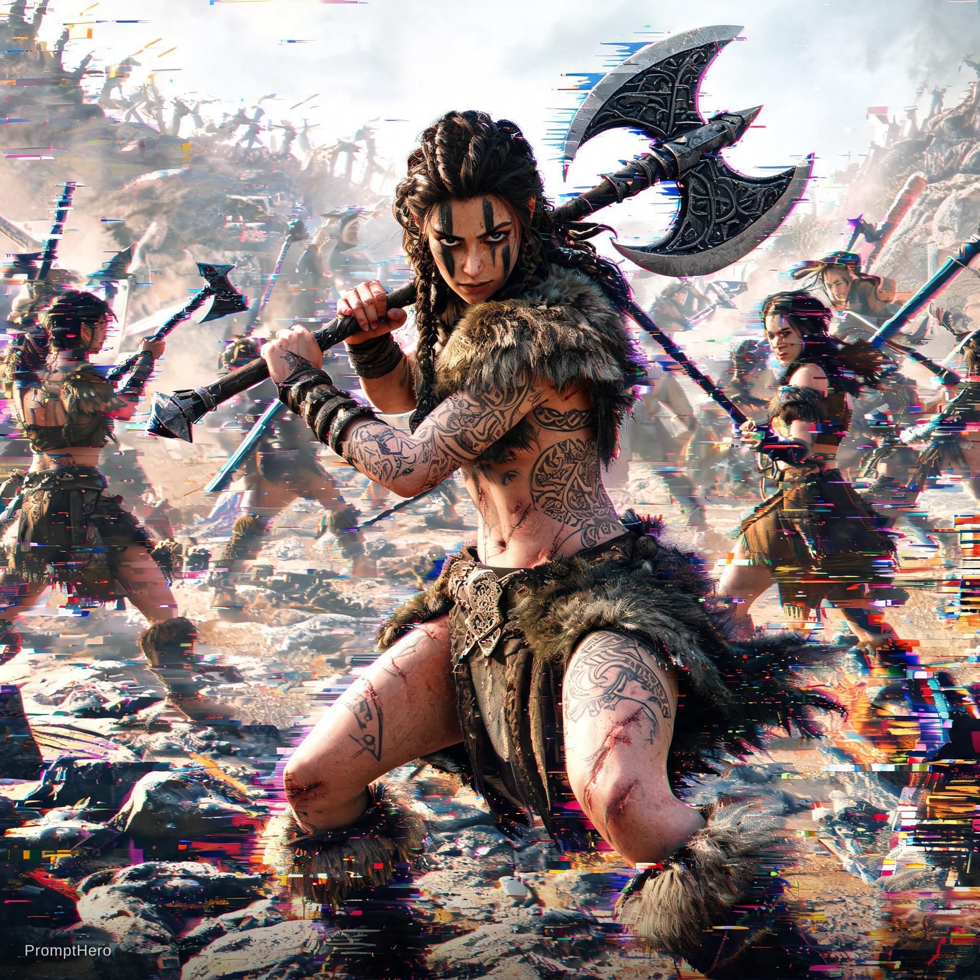 AI generated: Datamoshing. Full body shot 3/4 view of a young beautiful tattooed and scarred female barbarian warr...