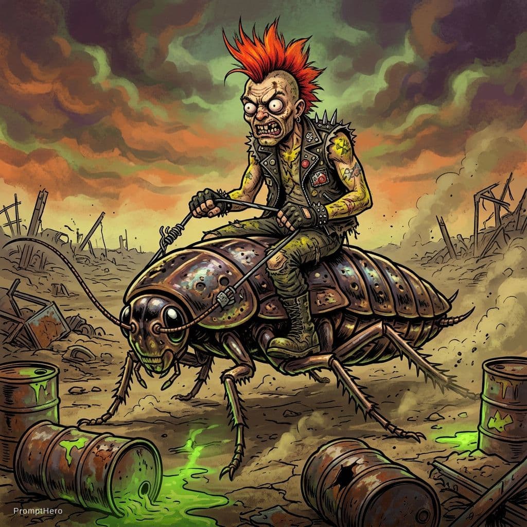 AI generated:  An exaggeratedly fierce punk with a flaming red mohawk, bulbous eyes, and twisted rotten teeth snar...