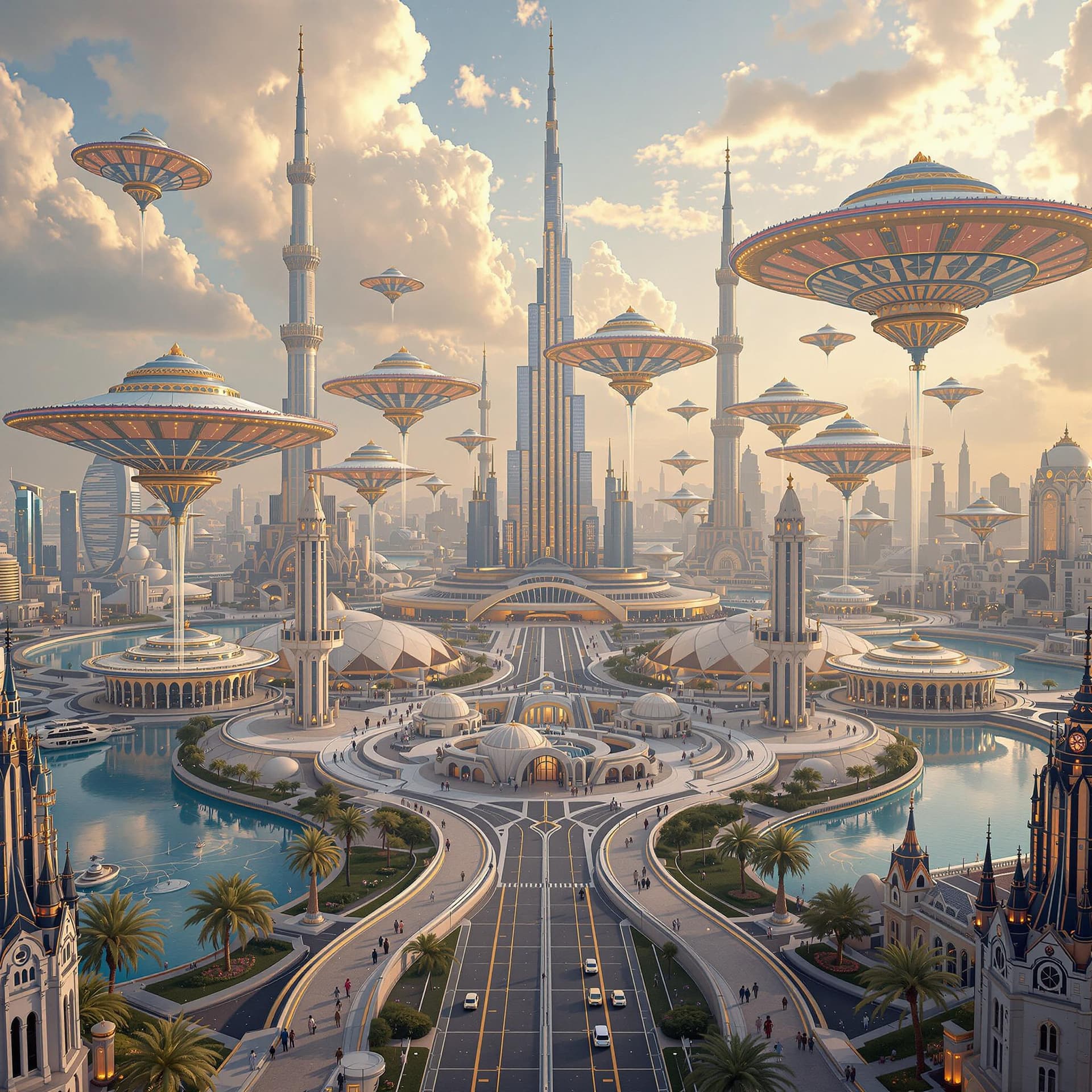 AI generated:  Psychedelic, surreal, High resolution photography, Dubai, 2004 years from now.flying saucers, Amazi...