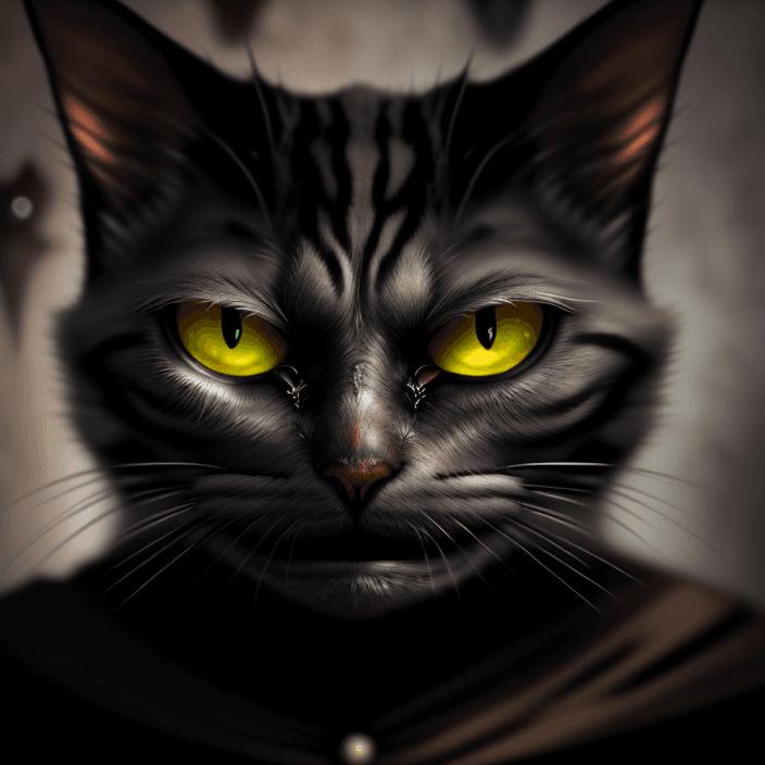 AI generated: An imaginative close-up front view portrait of an old, wise and scary  cat's face.