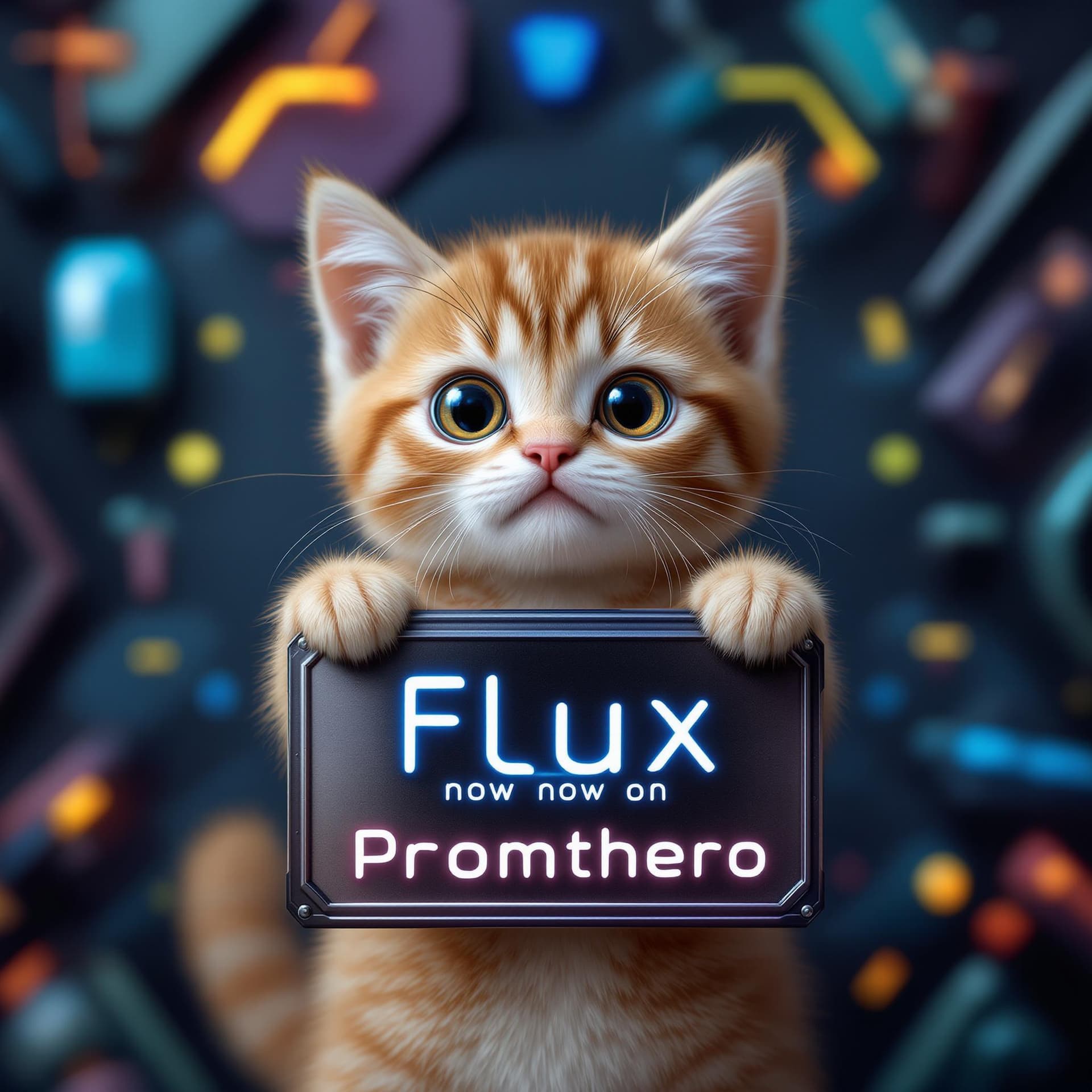 AI generated: Cute Baby cat with huge eyes, sad eyes, holding a Flat lay mockup of [a futuristic metal sign] (with...