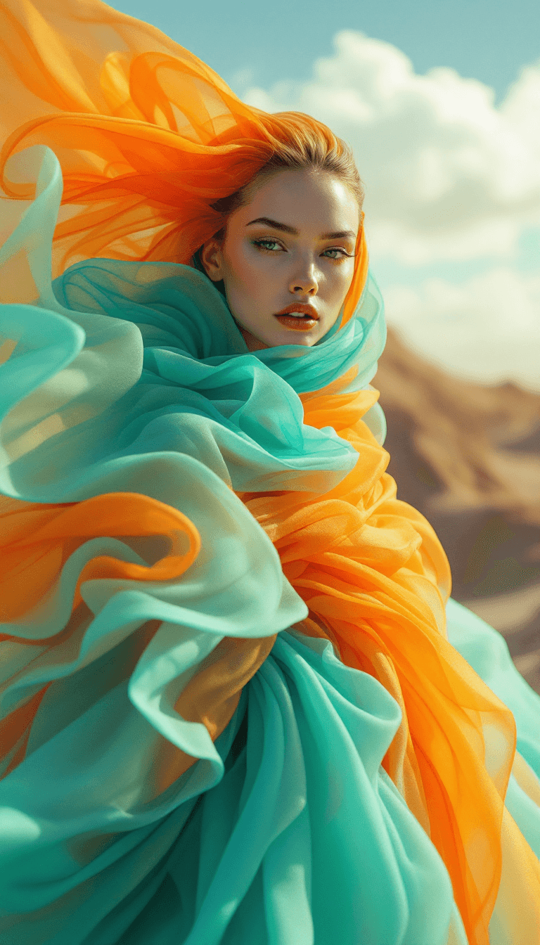 AI generated: high end fashion shoot, fashion, stunning model wearing extravagent futuristic foam and orange toned...