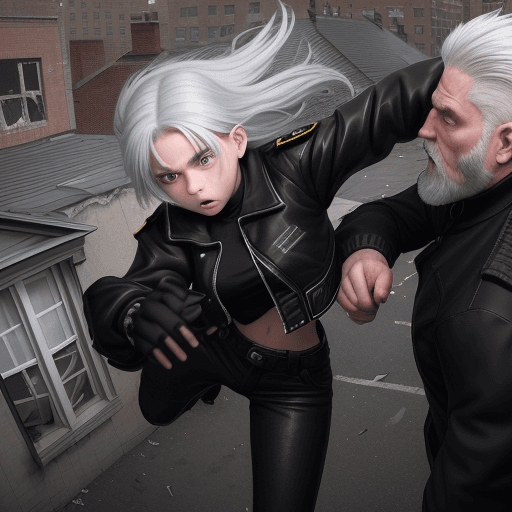 AI generated: 15-year-old girl with silver hair reaching her shoulders, wearing a black jacket, trying to punch a ...