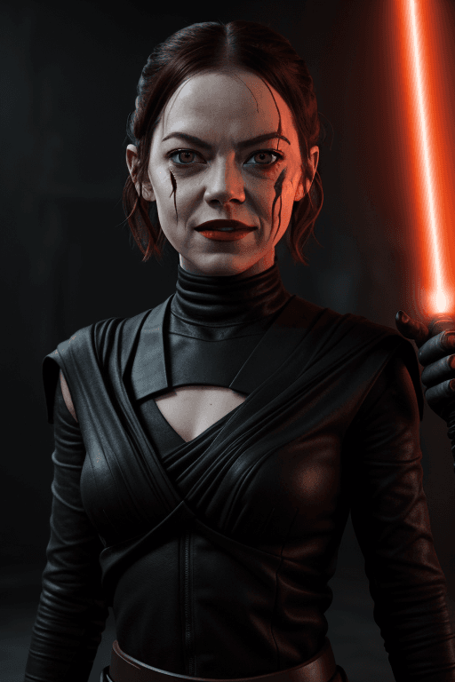 AI generated: Rey Skywalker (Emma Stone face) as sith in  Black Sith outfit, dark red lips, orange eyes from star ...