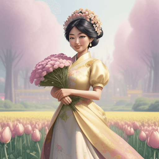 AI generated: a beautiful asian woman with luxury crop standing on flowers shop,smilling holding flowers,in the st...
