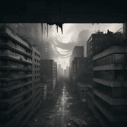 AI generated: illustration black-and-white of View from one of the buildings in a post-apocalyptic cityscape inspi...