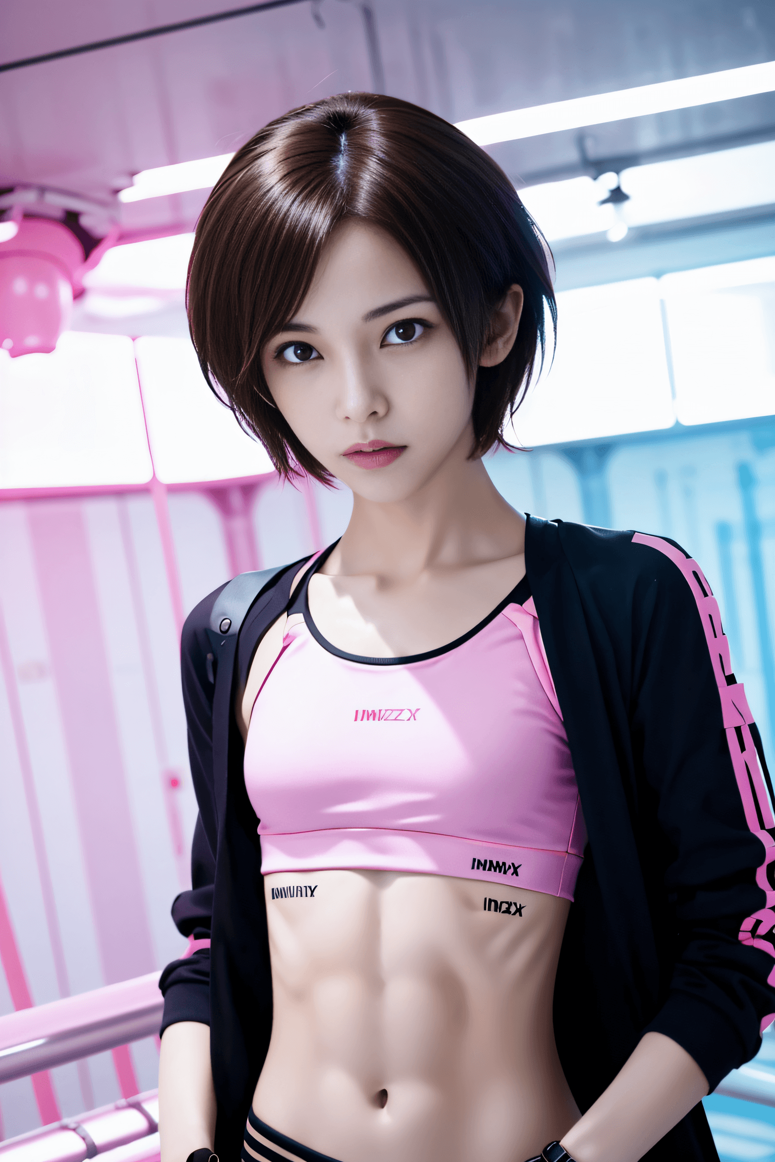 AI generated: (art by Makoto Shinkai:0.9) , concept art, japanese supermodel, cyberpunk style, stomach cutout, (sh...
