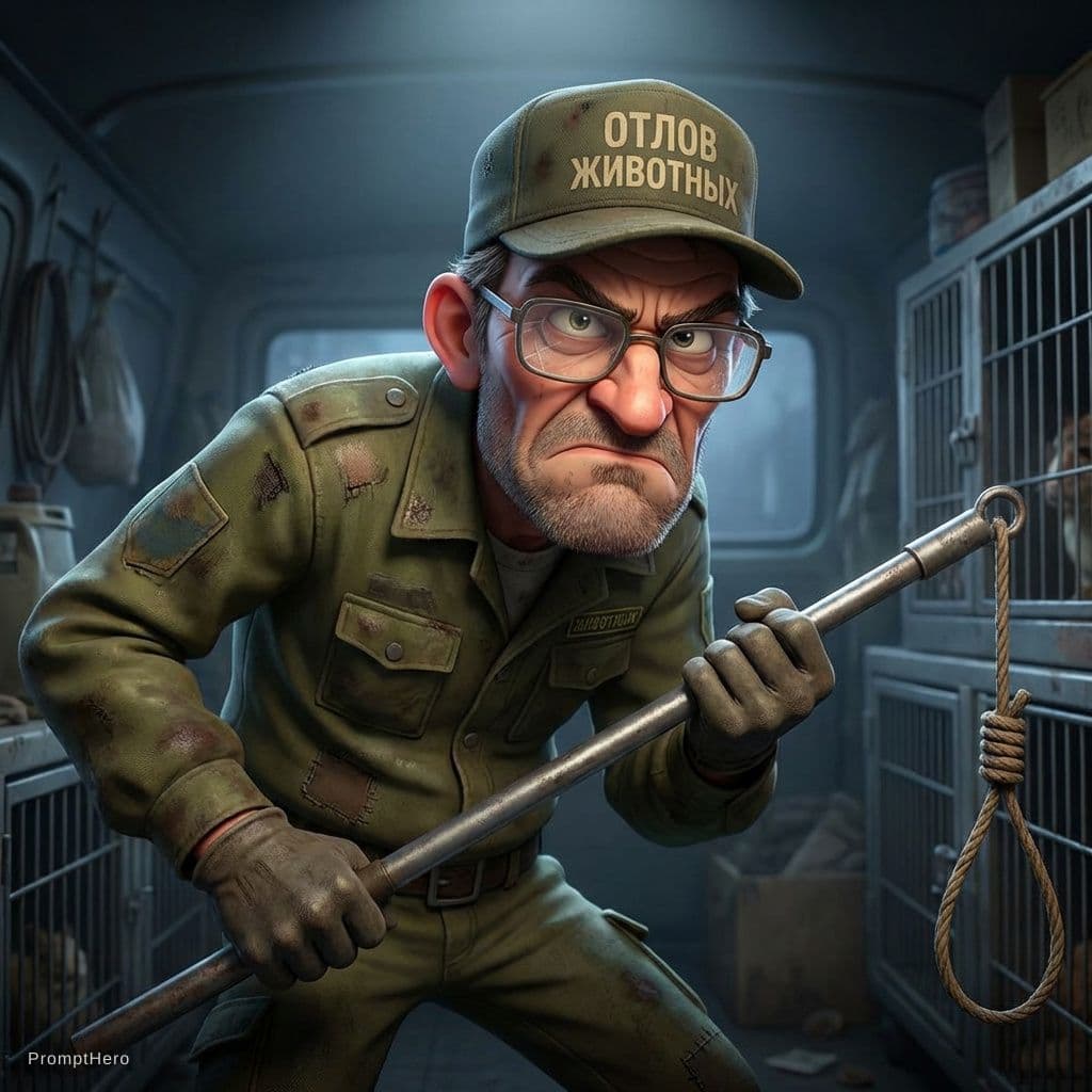 AI generated: Expressive caricature in Pixar style, unreal, charming yet sinister and aggressive animal catcher, m...