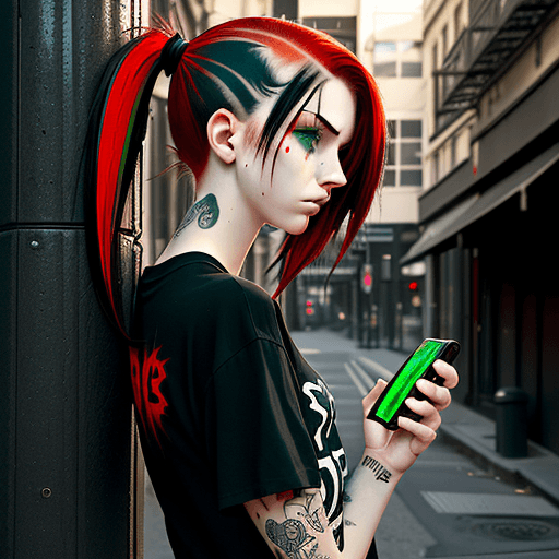 AI generated: side view beautiful emo girl in black shert with red highlights in hair. green eyes looking down at ...
