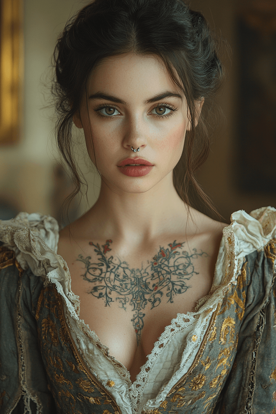 AI generated: A noble woman from the Middle Ages, elegantly dressed in a luxurious gown with a deep V-neck, reveal...