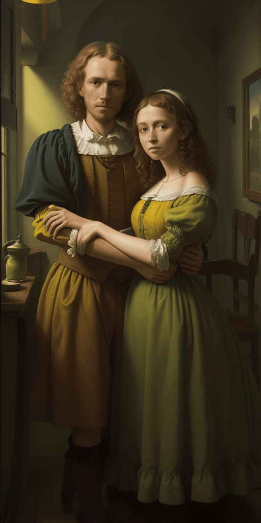 AI generated: Portrait of a Dutch man with his arm around a brown curly haired woman, in the style of dutch realis...
