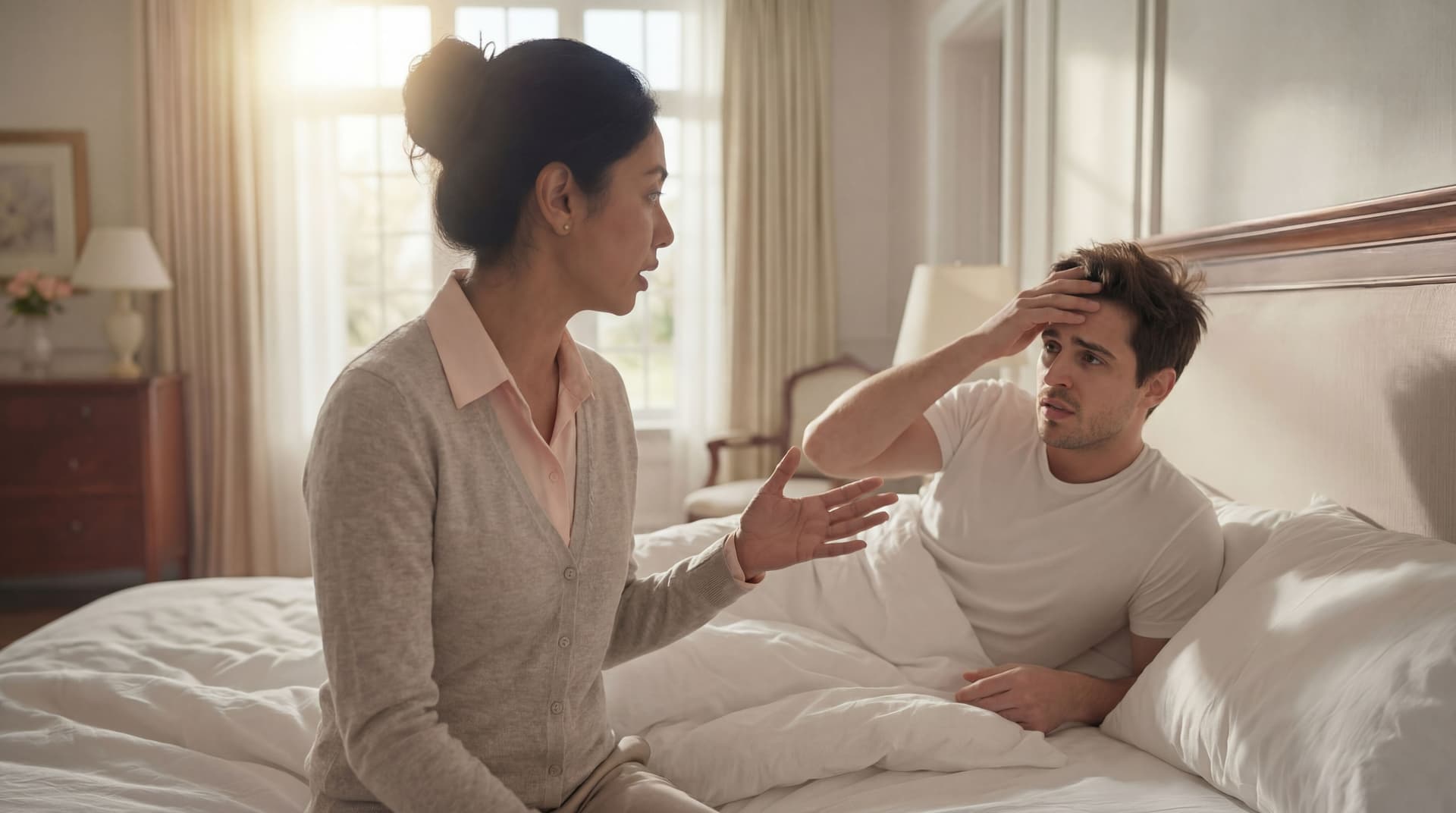 AI generated: The woman is expressing conversation with her hand. The man has one of his hands on his head. 