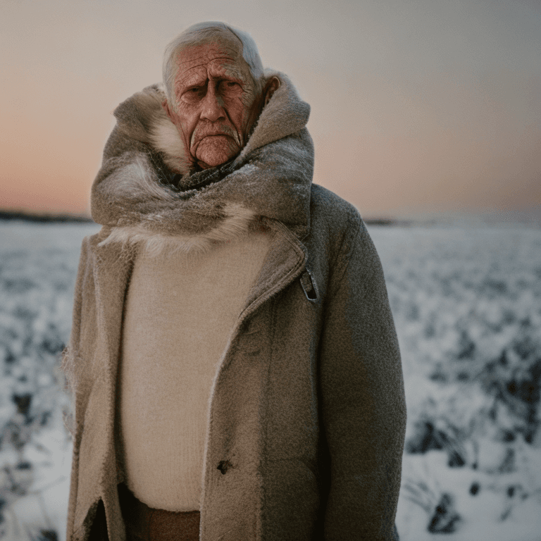 AI generated: Photo of a freezing old man with souless eyes, dramatic light, pale sunrise, cinematic lighting, fro...