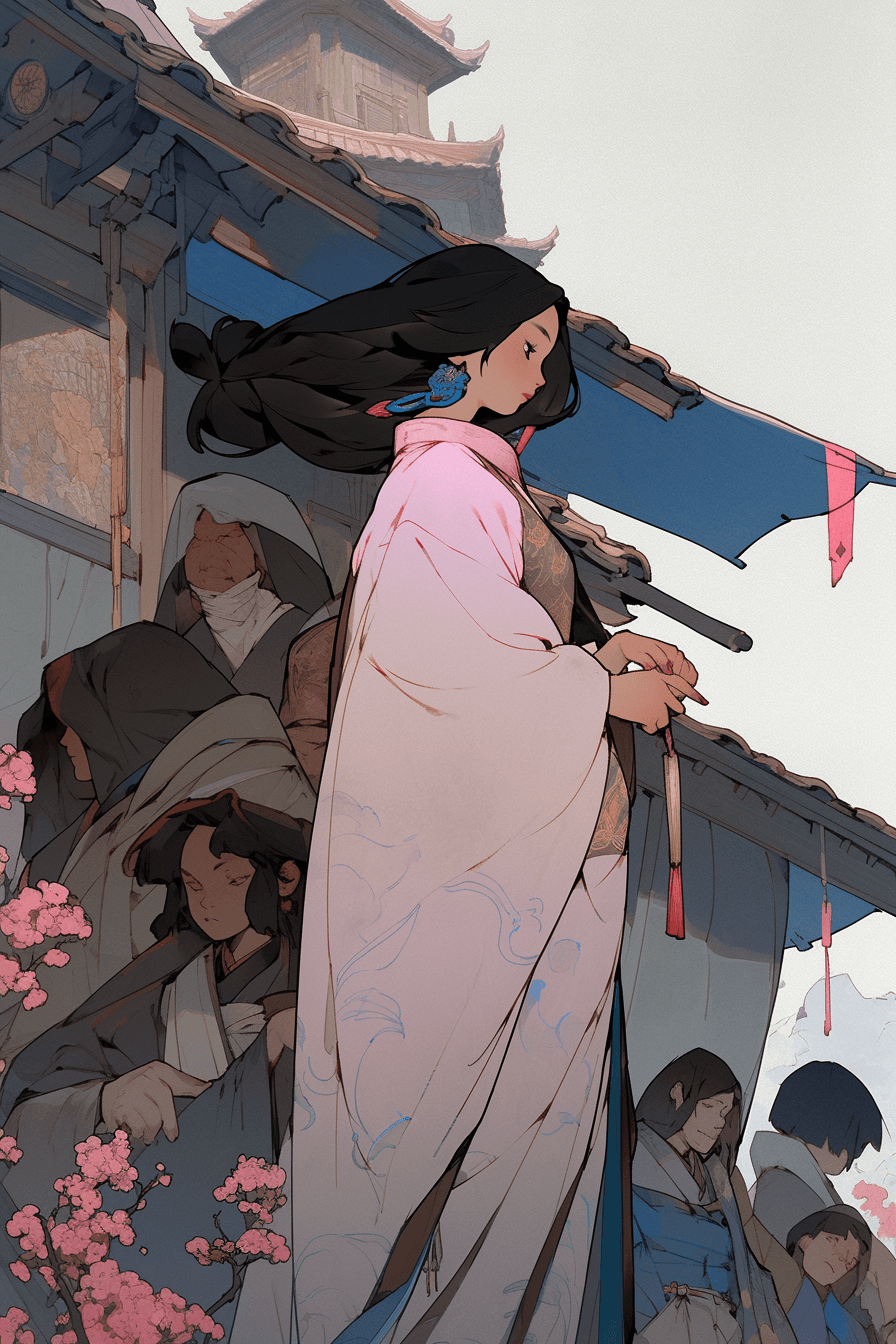 AI generated: Wide angle, Point of View Shot, An elusive anime thief from the Ming Dynasty with a camellia hairpin...