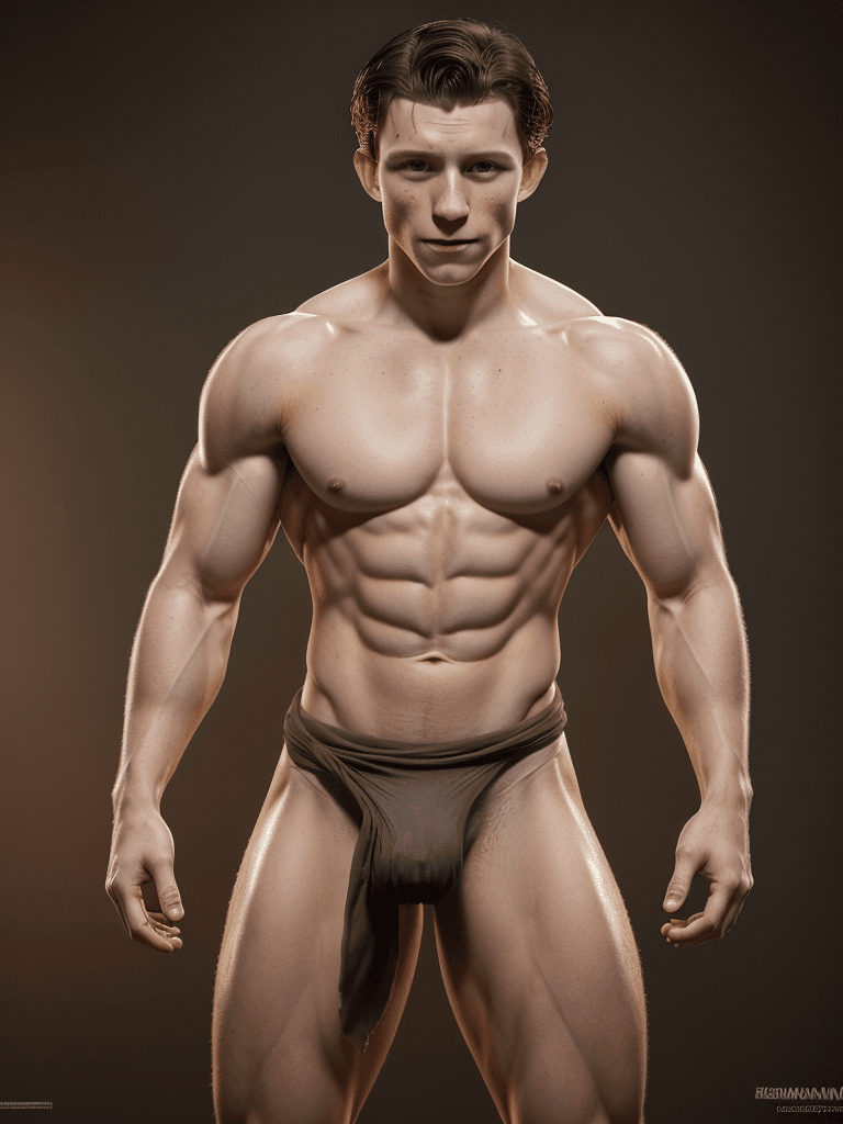 AI generated: Tom Holland, caucasian complexion, big muscles and big thighs, dark-brown hair, in his thirties, He ...