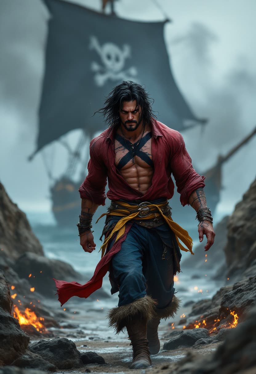 AI generated: The image shows a muscular character with dark, disheveled hair walking along a rocky shore. He wear...
