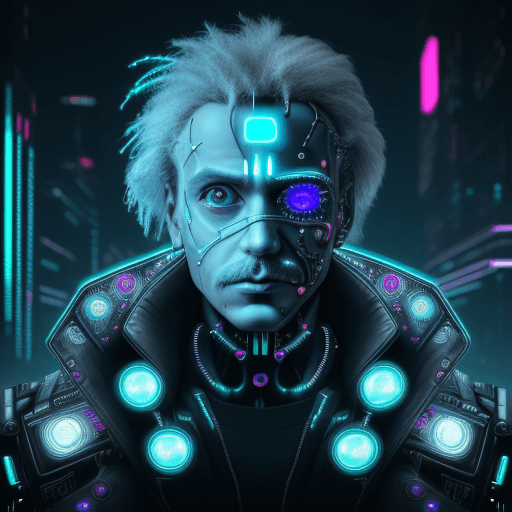 AI generated: Picture man in a cyberpunk world, half of his face transformed into a futuristic cyborg masterpiece....
