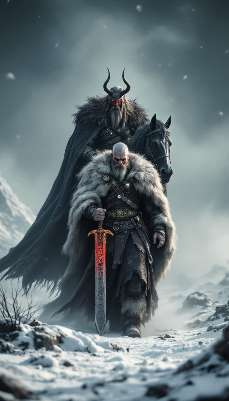 AI generated: An ultra-realistic, zoomed out, front facing full-body portrait of a towering Berserker, his fur-lin...