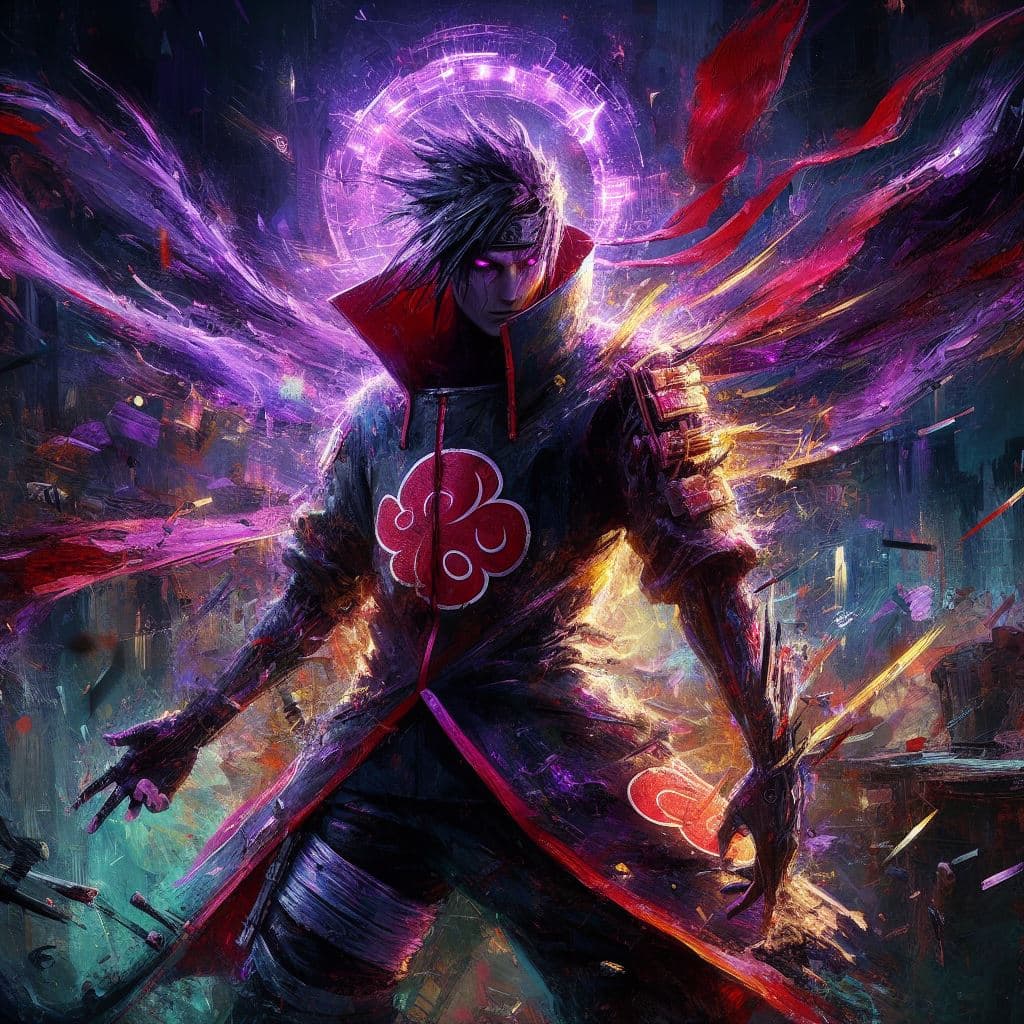 AI generated: "painterly style, male character looking like Itachi at war, wearing akatsuki suit, character design...
