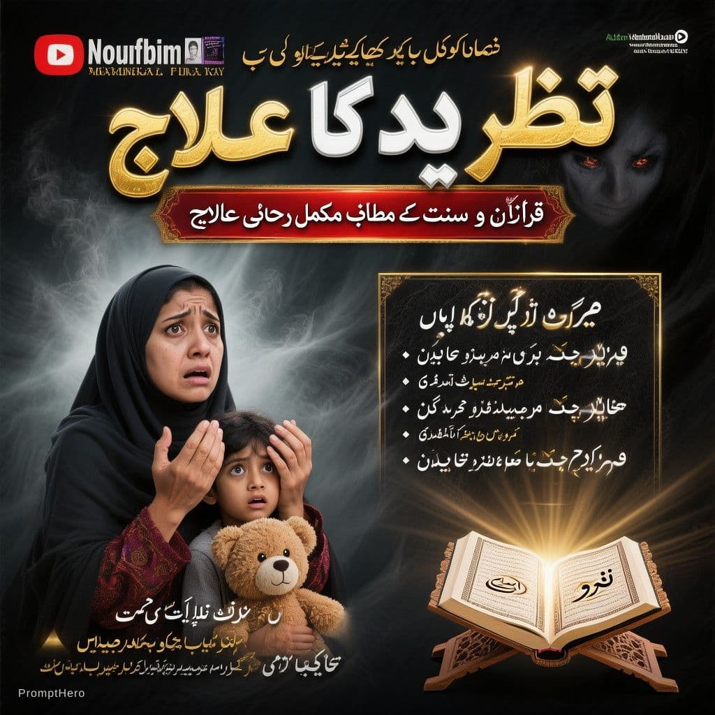 AI generated: Create a dramatic Urdu Islamic healing poster in 1200x630 horizontal blog thumbnail size. Use a deep...