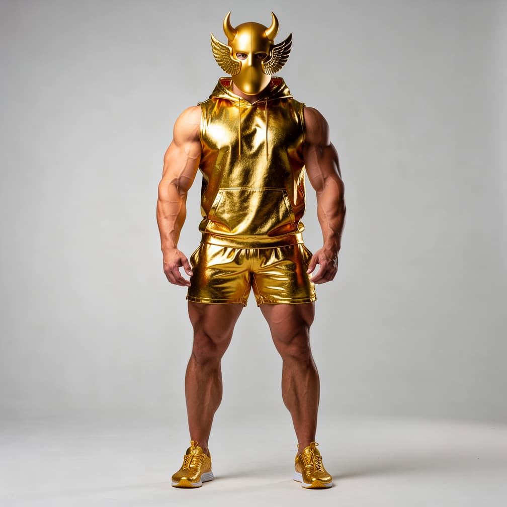 AI generated: A big muscular man wearing gold short shorts and a gold tank top with a hood showing plus a gold win...