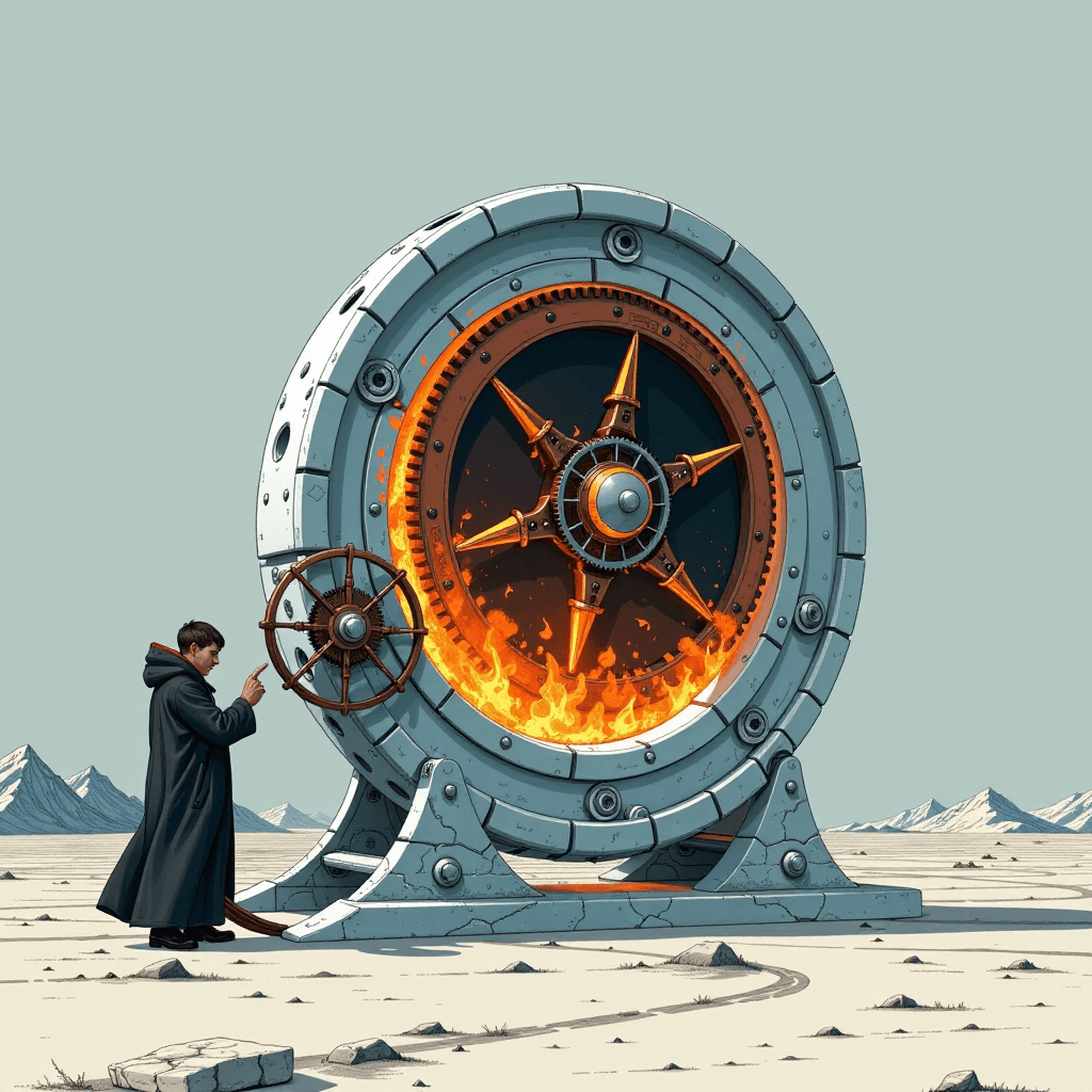 AI generated: A detailed illustration of an impossible machine, half forged in fire and half sculpted from ice. In...