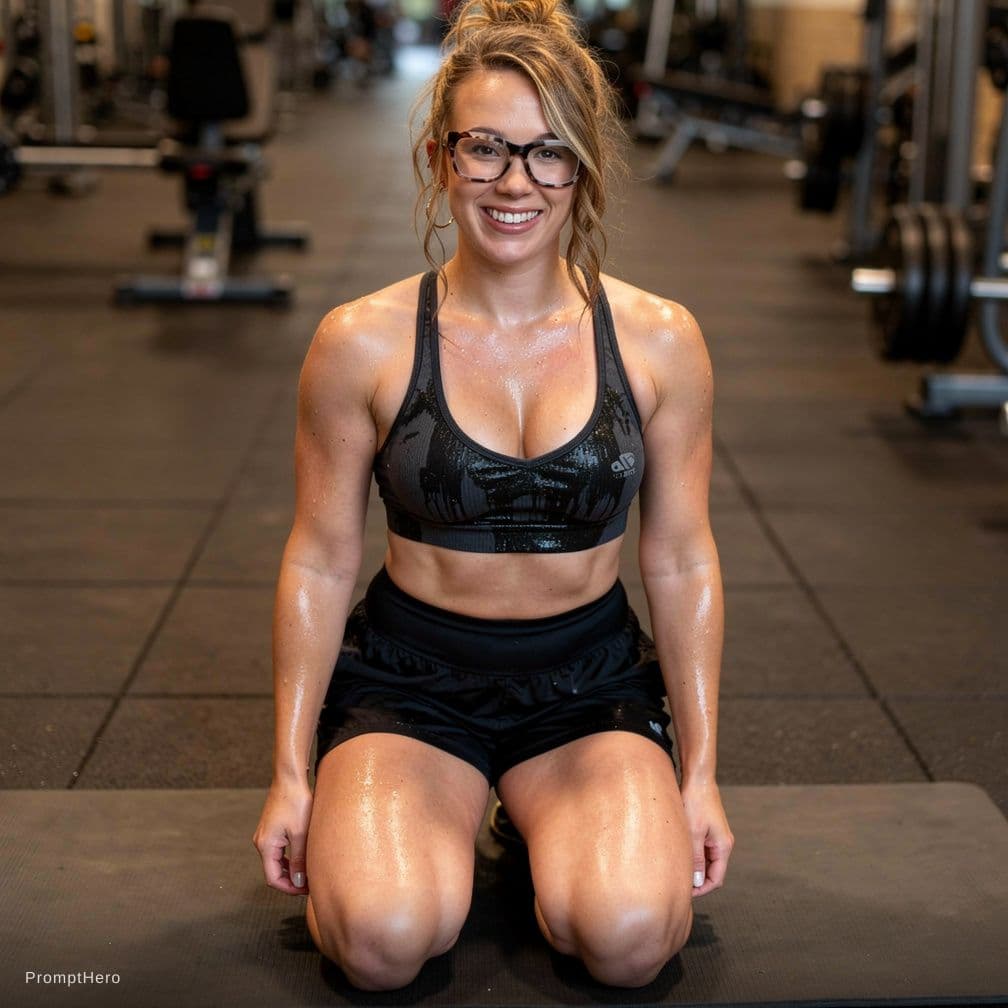 AI generated: Produce a photorealistic, candid, unplanned and sloppy gym photo of a 4'10", of the subject (average...