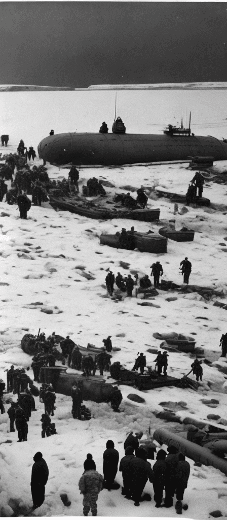 AI generated: Soldiers in Arctic gear unloading equipment from a submarine onto an icy shore