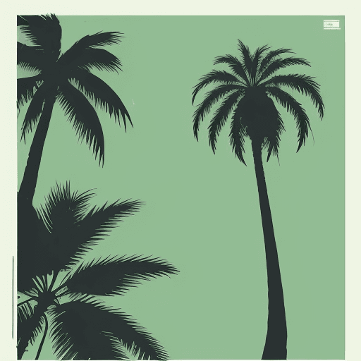 AI generated: A variation of a palm tree depicted in a classic screen-print (silkscreen) style, featuring bold, cl...