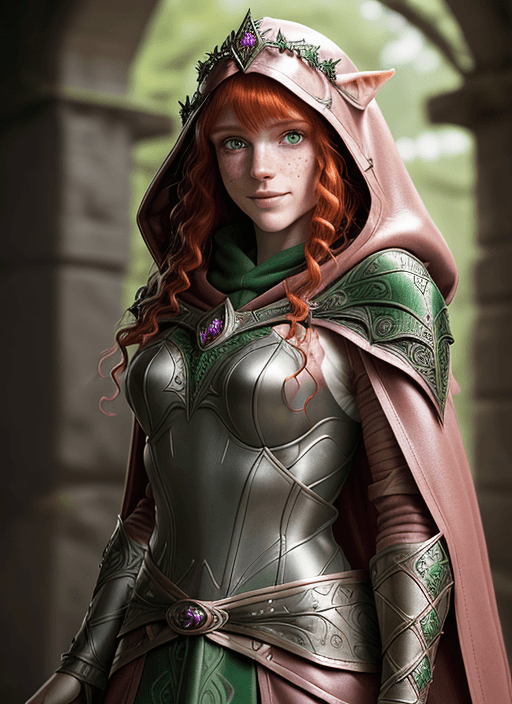 AI generated: ultra realistic ranger elf, hooded pink leather armor!!! long curly red hair!! bangs, green eyes! fr...
