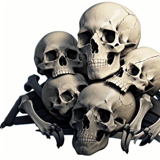 AI generated: pile of skulls bones, full skeleton parts. transparent background