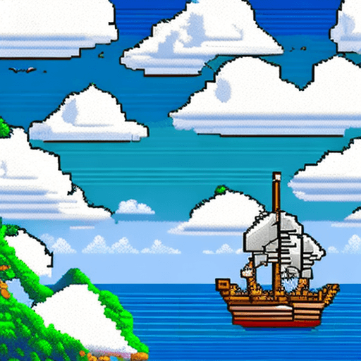 AI generated: 16 bit pixel art, island in the clouds, one big ship on the sea, by studio ghibli, cinematic still, ...