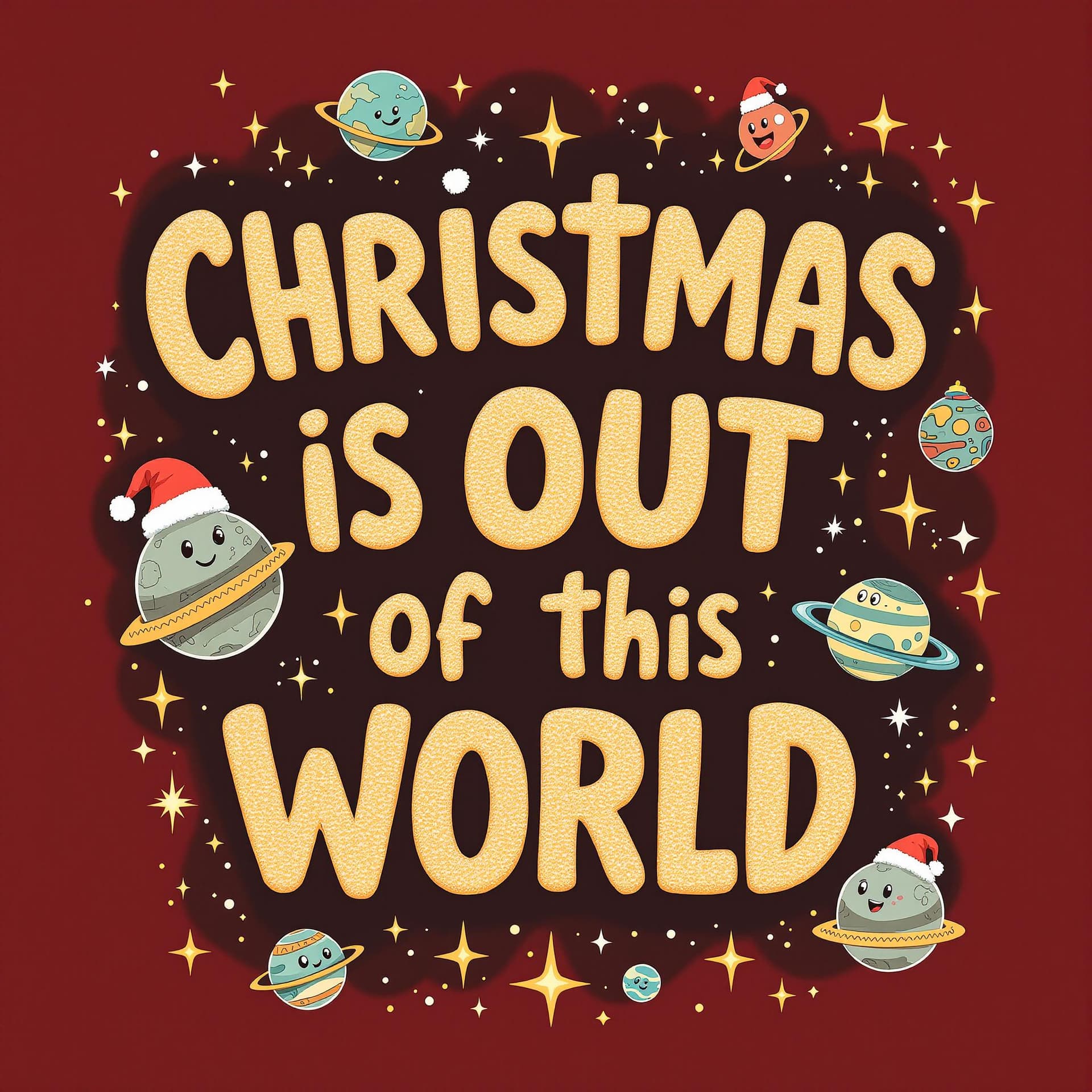 AI generated: "Christmas Is Out of This World"
Prompt:
A festive typography design with "Christmas Is Out of This ...