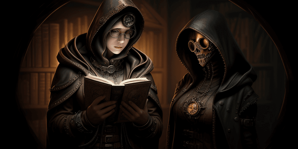 AI generated: hooded steampunk librarian exploring forbidden knowledge of the high eldritch gods, highly detailed,...