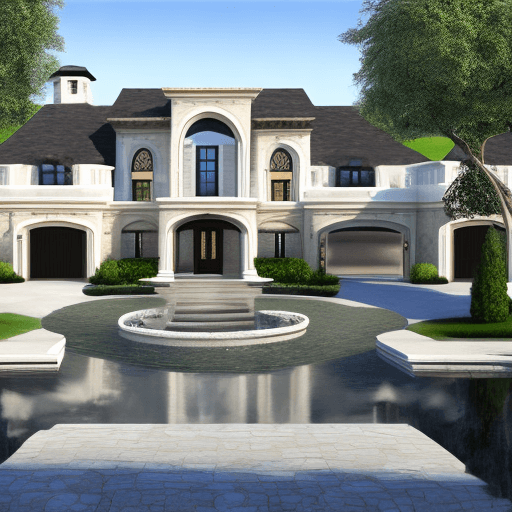 AI generated: a mansion with a double door entry way with stone arches, white McLaren and fountain in driveway, si...
