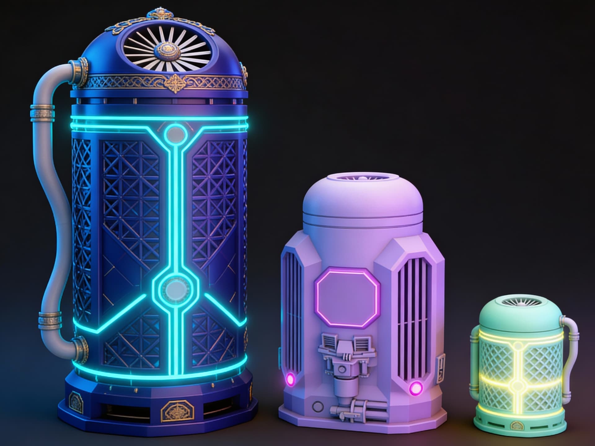 AI generated: Use Reference Images to imagine, in detail, a Spacecraft Anti-Grav Drive. Show three devices side-by...