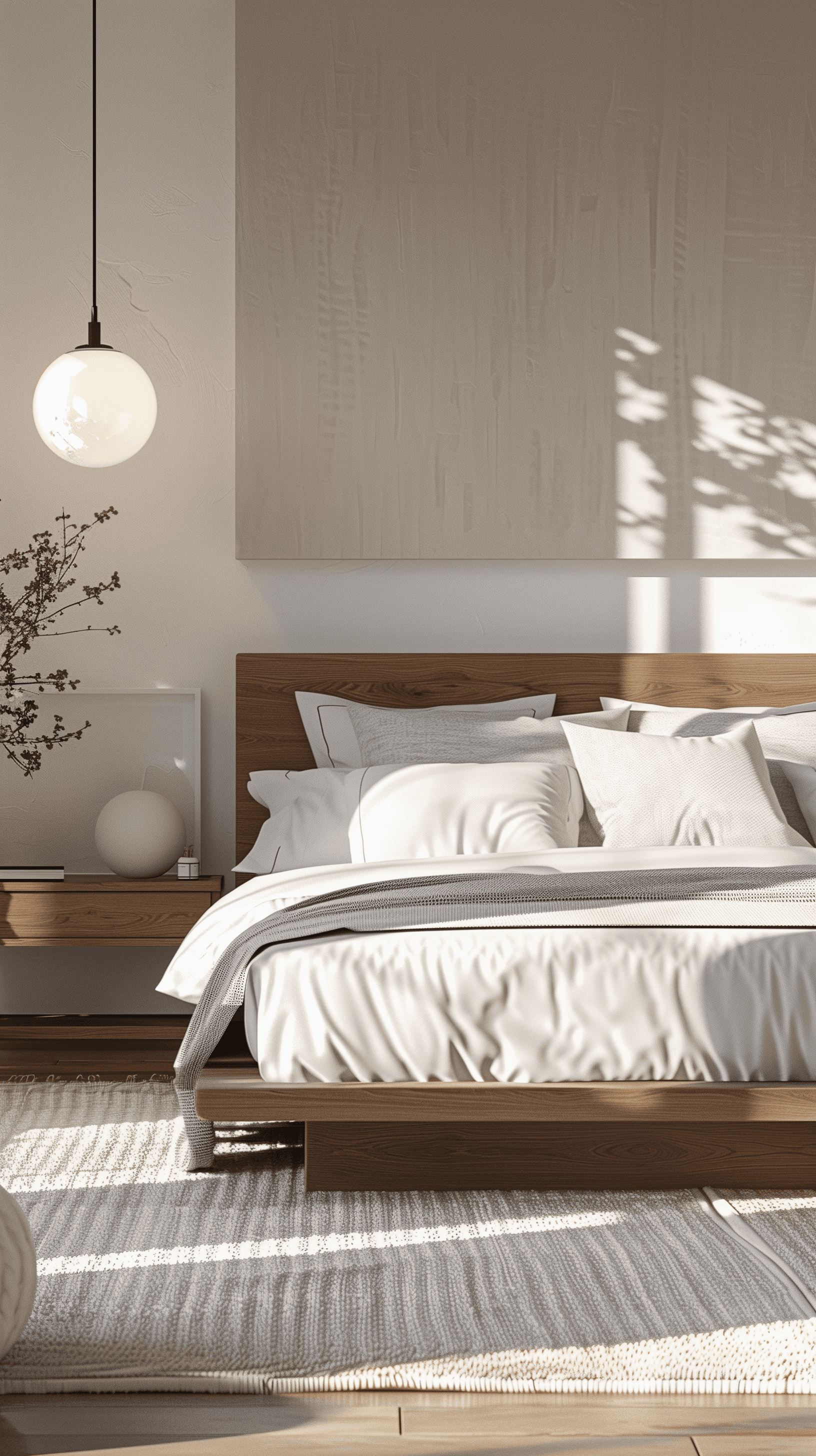 AI generated: create an image of a contemporary bedroom with a large bed centered in the room, bed features a natu...