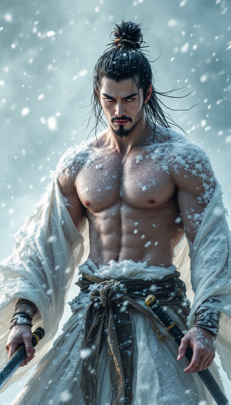 AI generated: A surreal movie scene of a Chinese ninja and a stunning beauty standing in a fierce snowstorm, holdi...