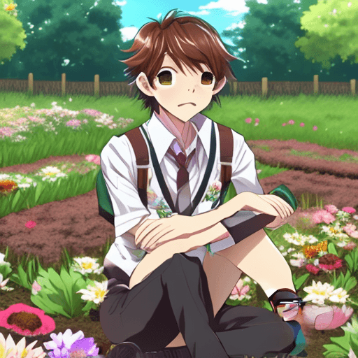 AI generated: Anime boy standing in a garden full of flowers, crops, soil, plants, lots of flowers, buttoned up sc...