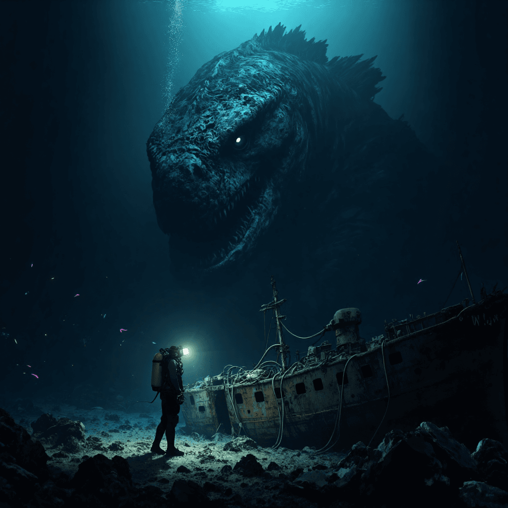 AI generated: A lone diver hovers in the crushing depths of the deep ocean abyss, surrounded by an infinite void w...