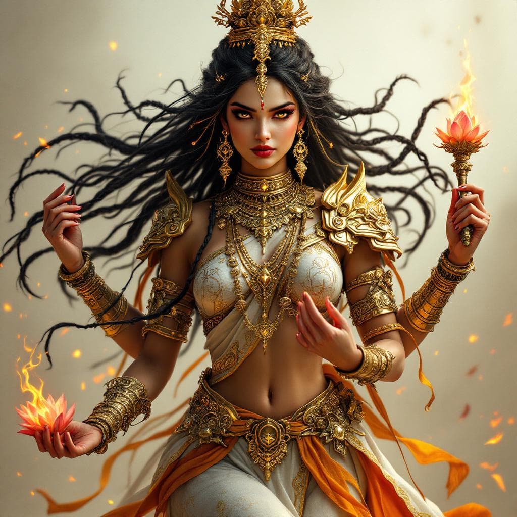 AI generated: an ultra-realistic, full-body portrait of a captivating Devi saraswati with 4 hands wach carrying lo...