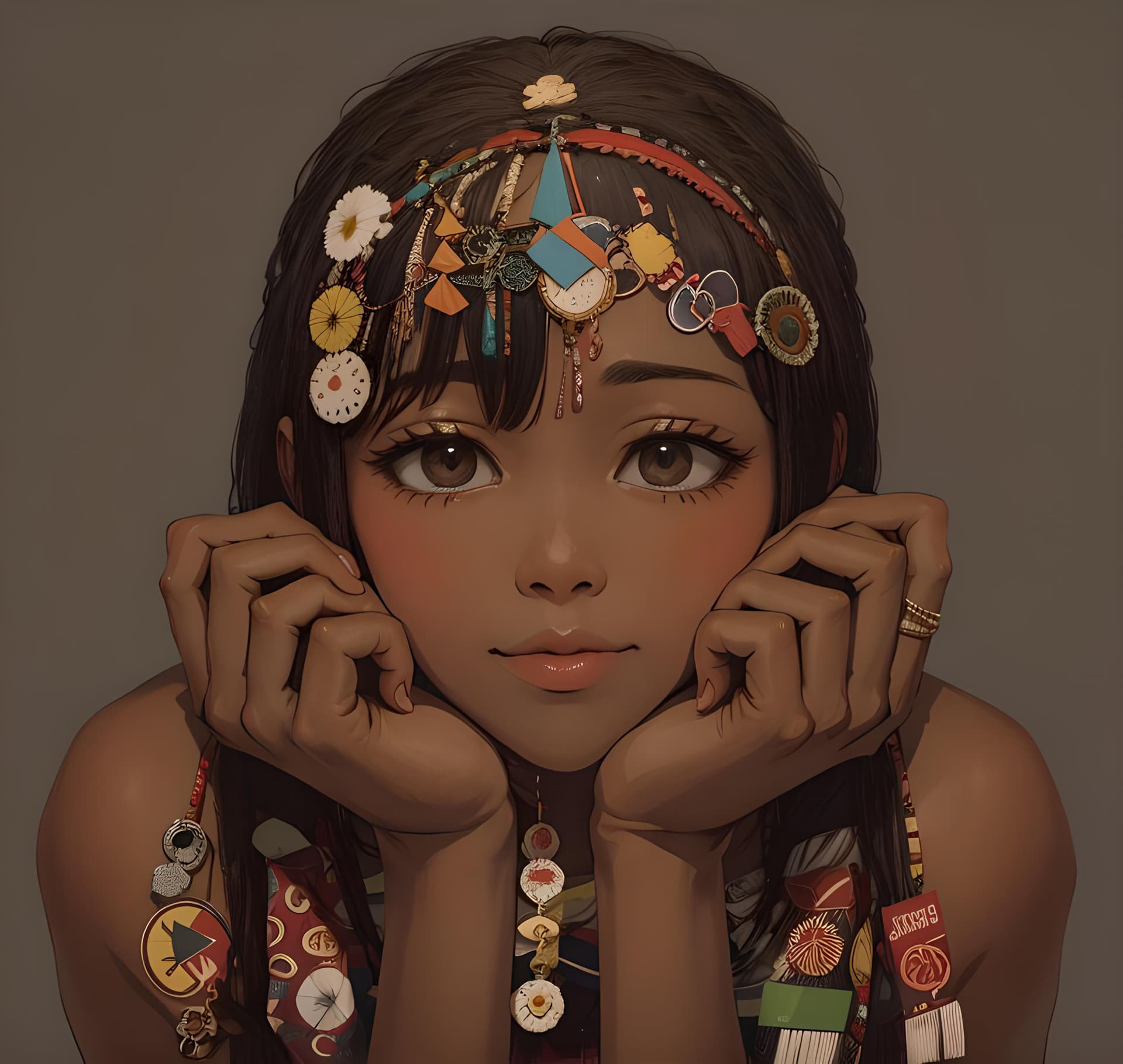 AI generated: a woman with her hands on her face, by Chinwe Chukwuogo-Roy, afrofuturism, black pearls and golden g...