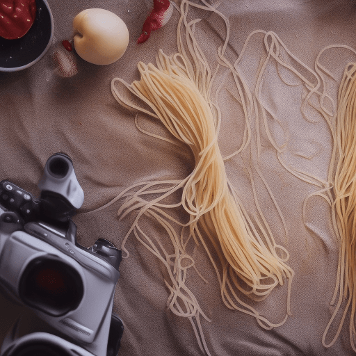 AI generated: intentional camera movements, spaghetti pasta in the air, bolognese, professional food photography, ...