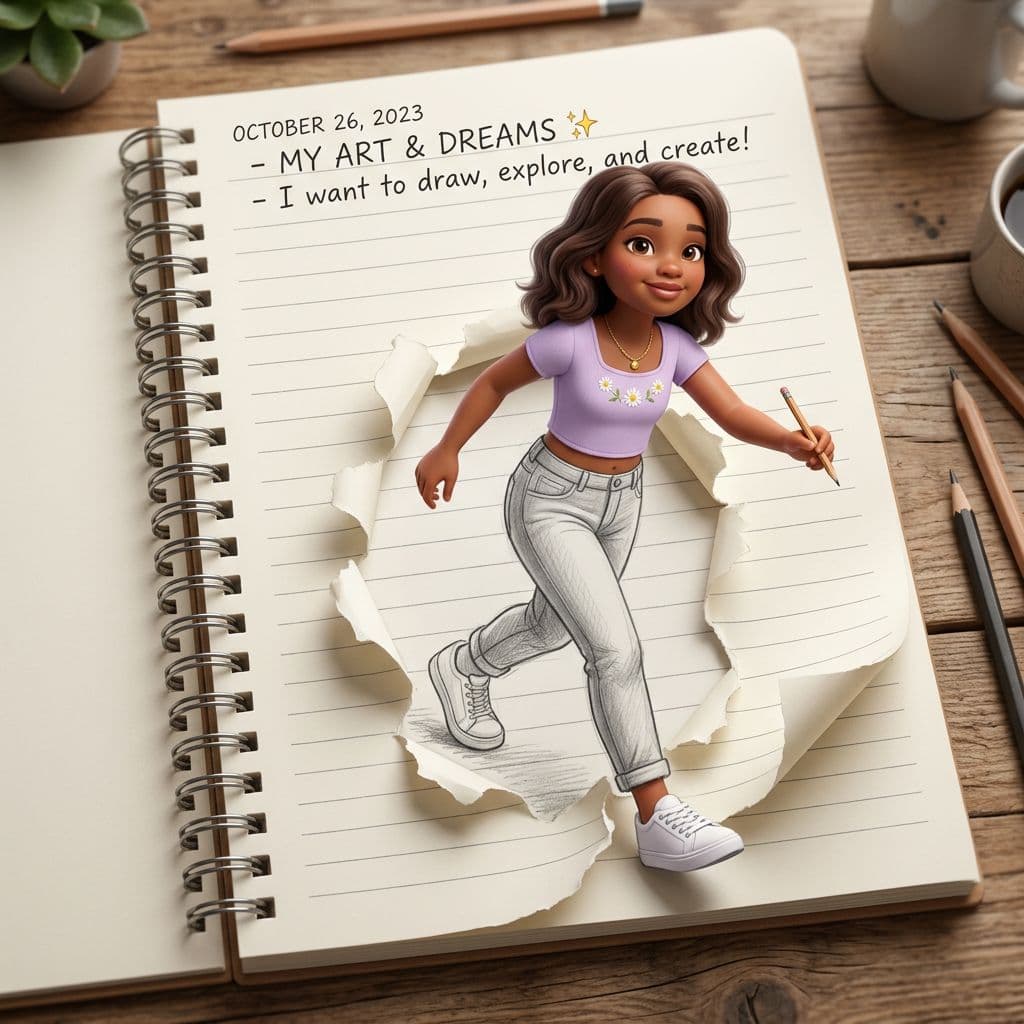 AI generated: A creative 3D illusion artwork of a cute young African American girl stepping out of a spiral notebo...
