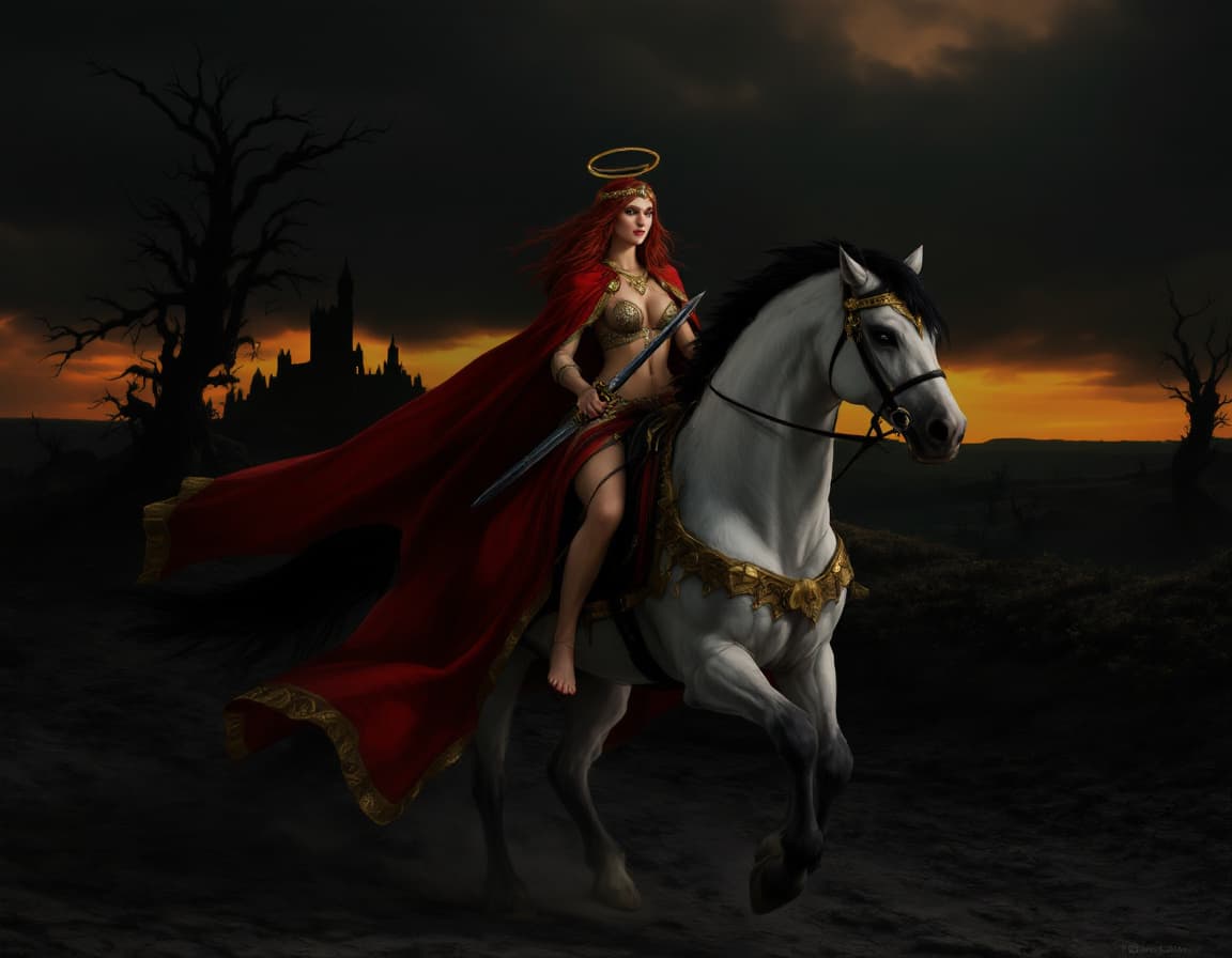 AI generated: a woman in a red cape riding a white horse through a desolate landscape. The woman has long red hair...