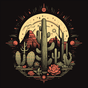 AI generated: Tshirt vector, svg, psychoactive cacti, with desert sands, native tribes, and spiritual symbols elem...