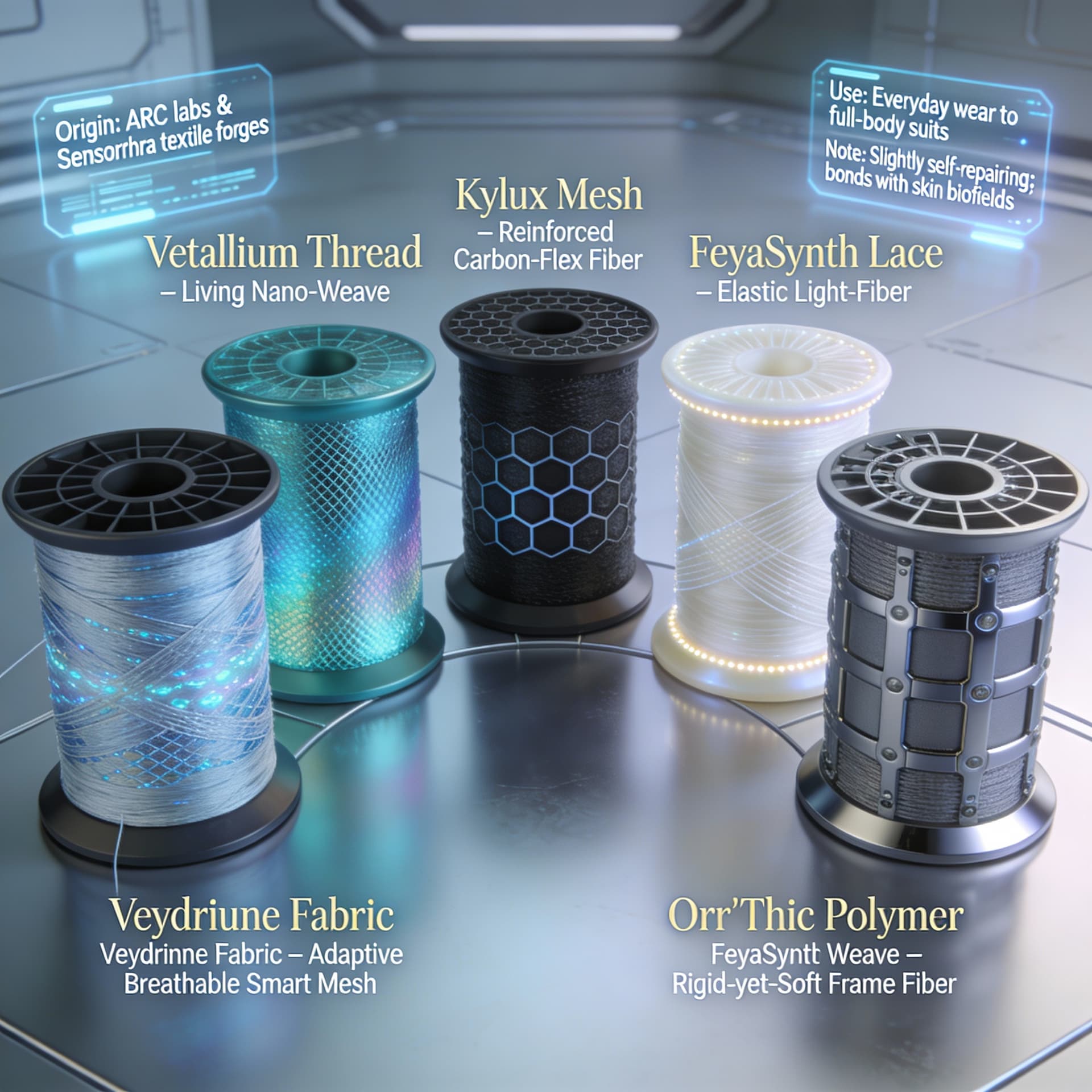 AI generated: Create spools of wire, thread, and linens for the creation of garments for futuristic clothing to a ...