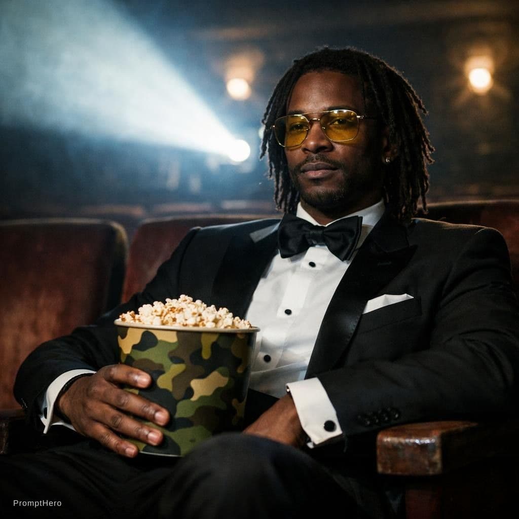 AI generated: photography, in a cavernous cinema, a man exudes a quiet coolness in the spotlight of the projector’...