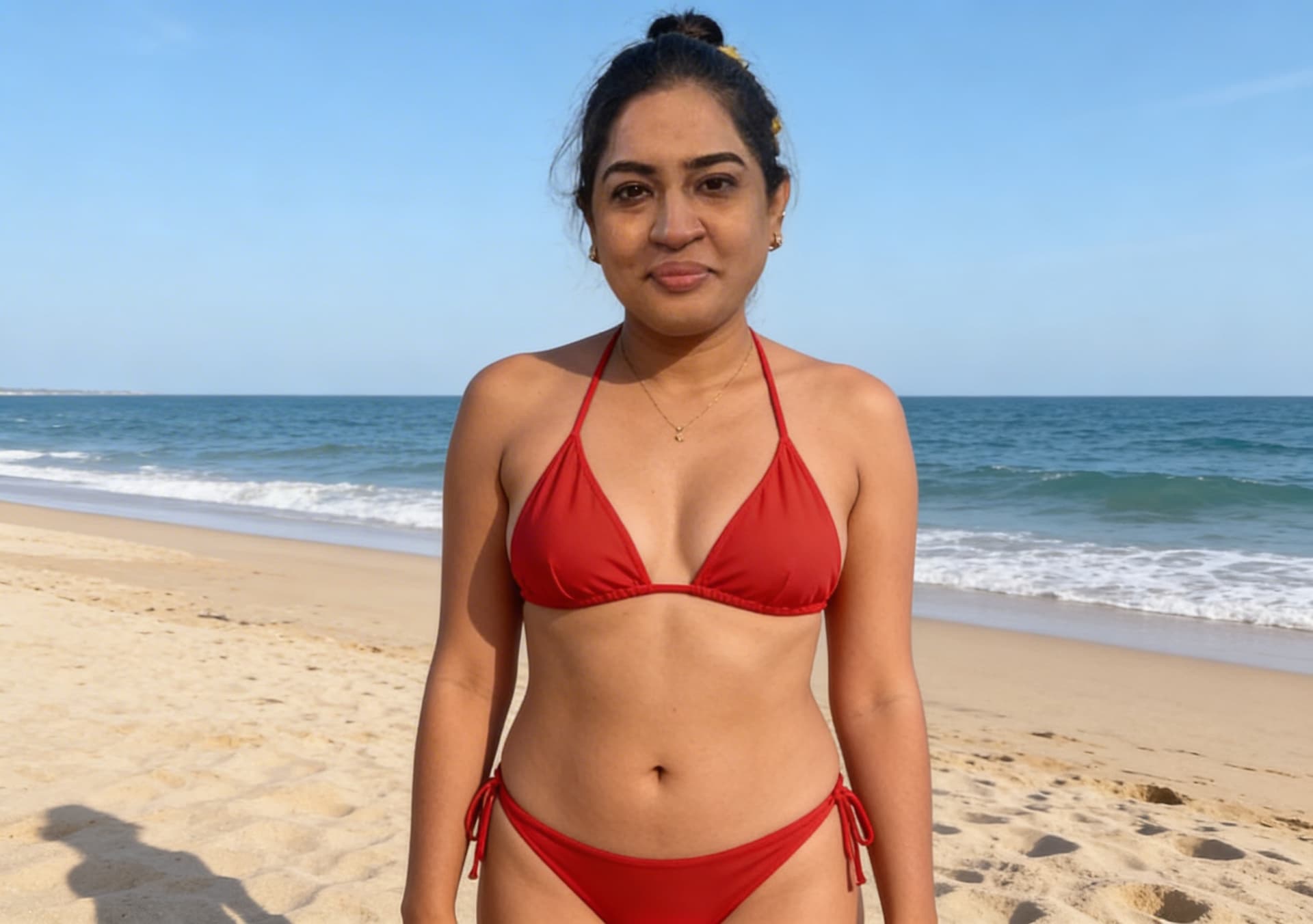AI generated: Make a photo of me at the beach wearing bred bikini 